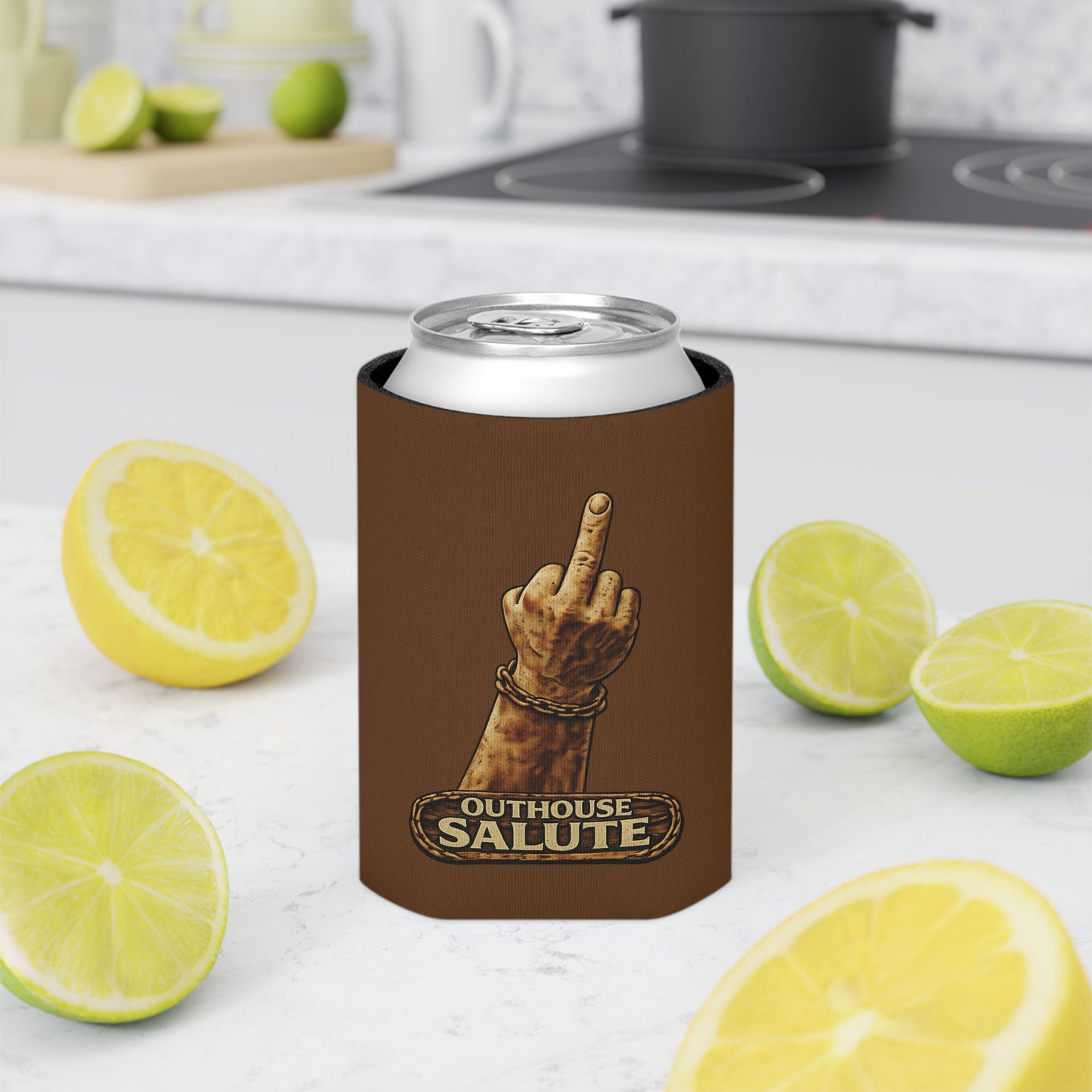 Outhouse Salute Can Cooler — Neoprene Koozie for BBQs & Tailgates