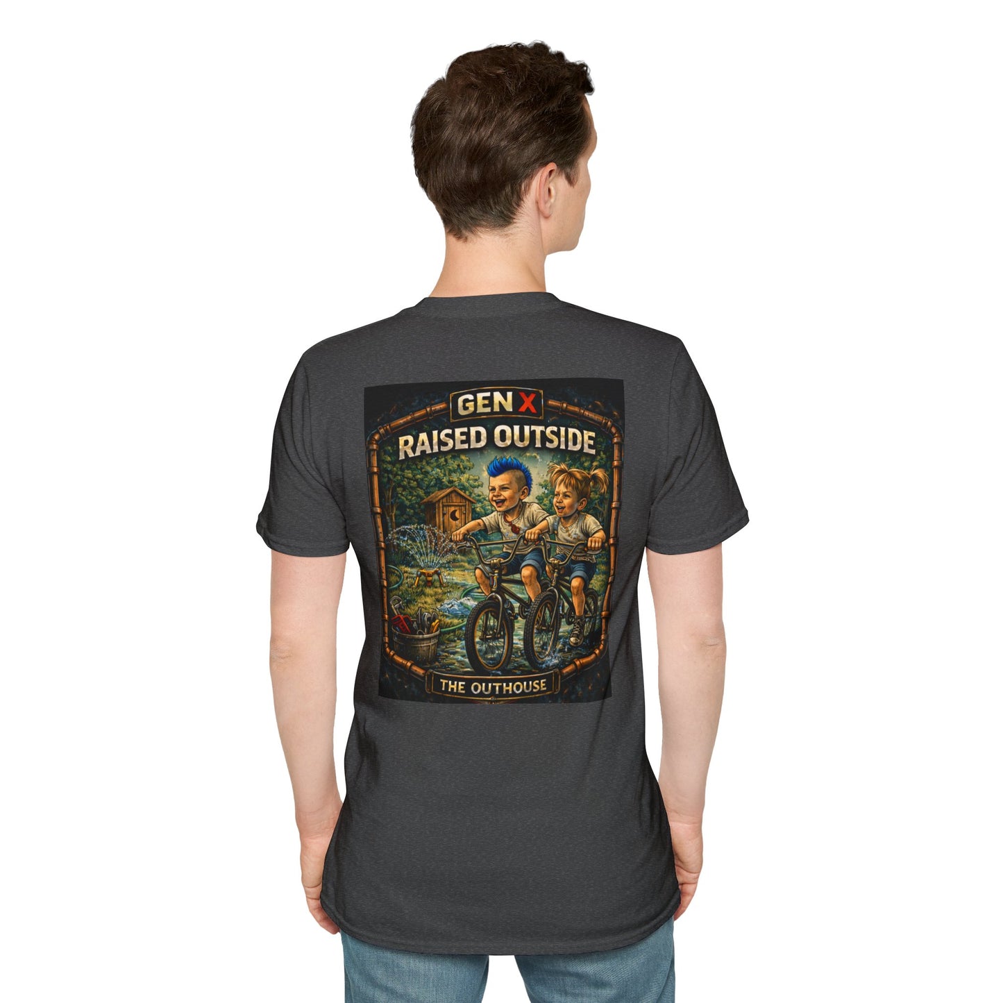 Gen X "Raised Outside" T-Shirt — Retro Outhouse Vintage Graphic Tee