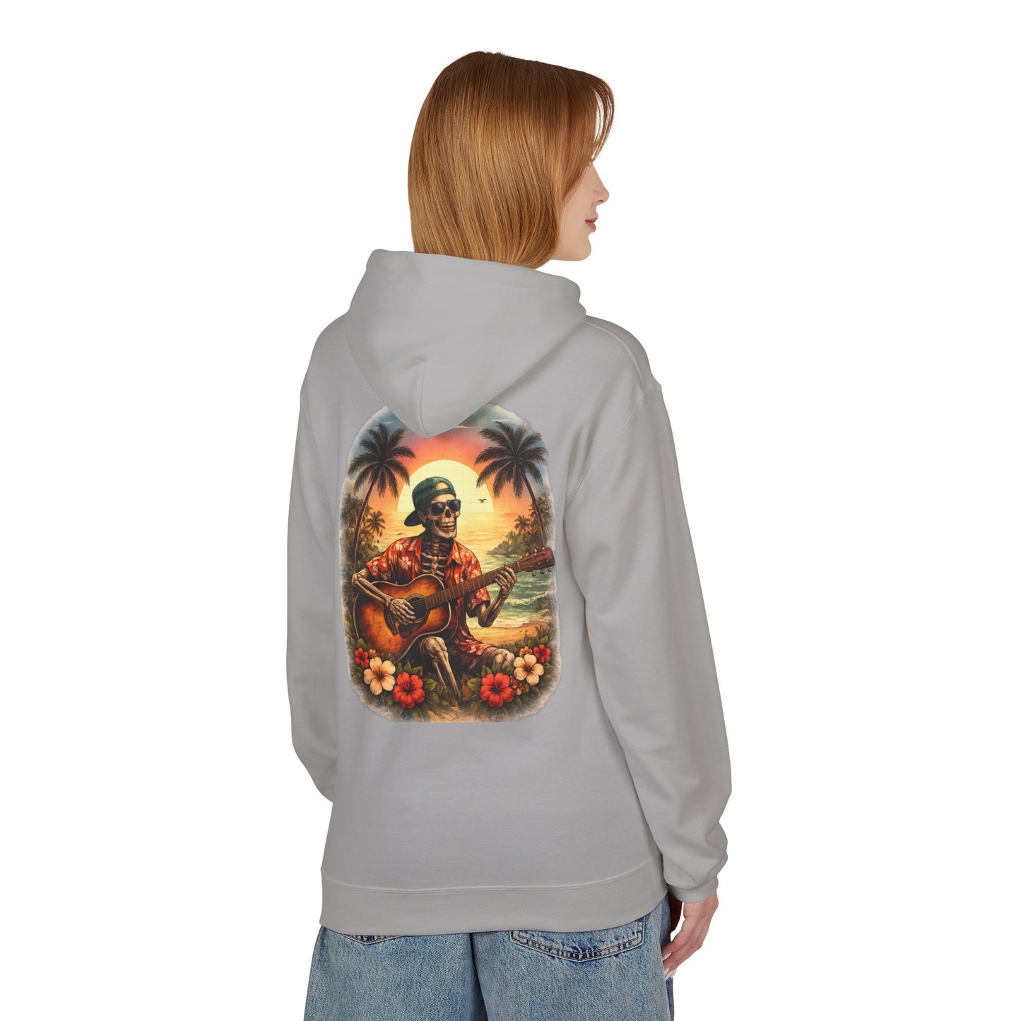 Hawaiian Skeleton Guitar Hoodie — Sunset Palm Vintage Rock Pullover