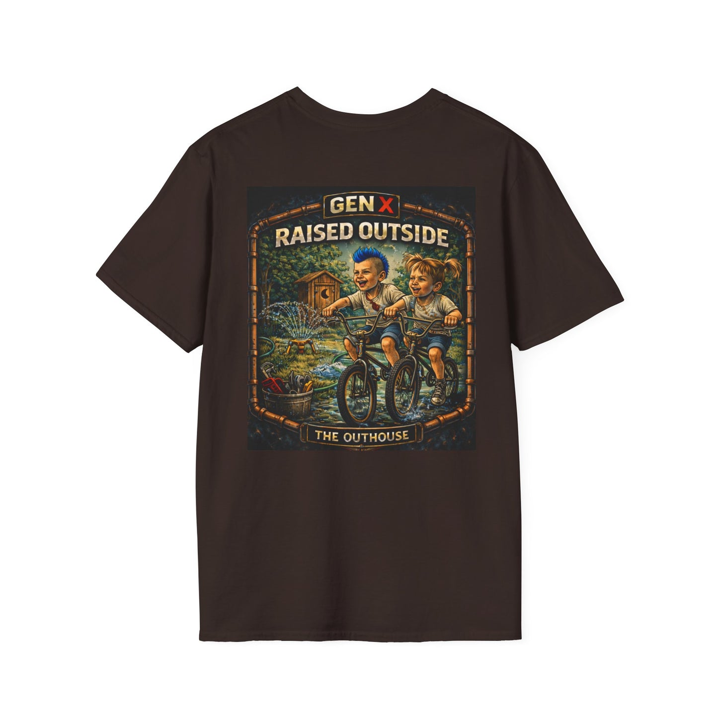 Gen X "Raised Outside" T-Shirt — Retro Outhouse Vintage Graphic Tee