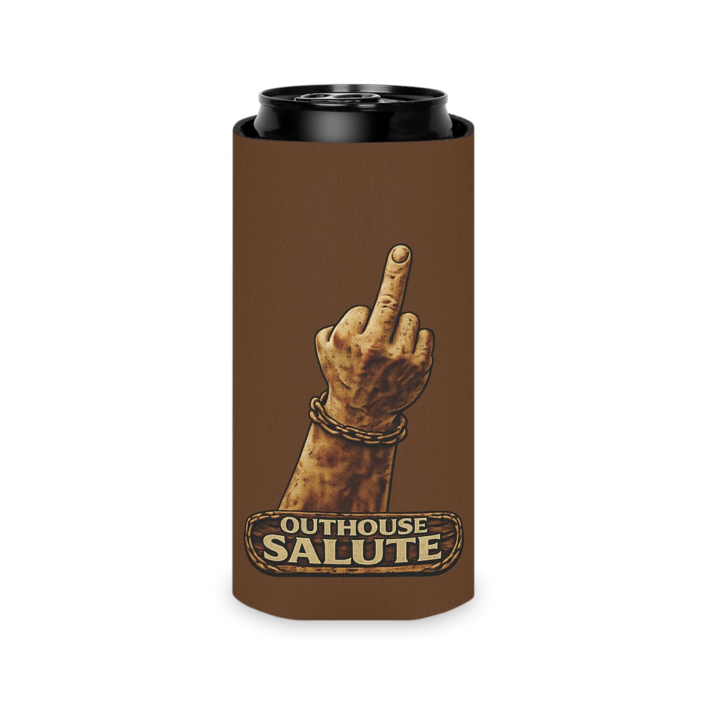 Outhouse Salute Can Cooler — Neoprene Koozie for BBQs & Tailgates